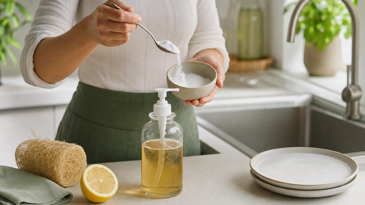 Preparación de lavavajillas casero con bicarbonato en un frasco de vidrio