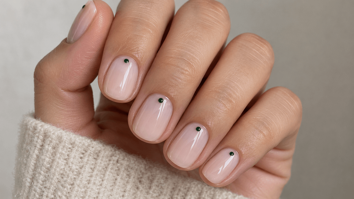 Manicura con un micro punto verde oscuro