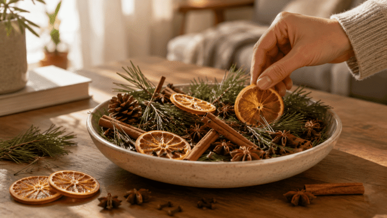 Cómo hacer un popurrí aromático con agujas de pino, naranja, canela, clavos y anís para perfumar tu hogar