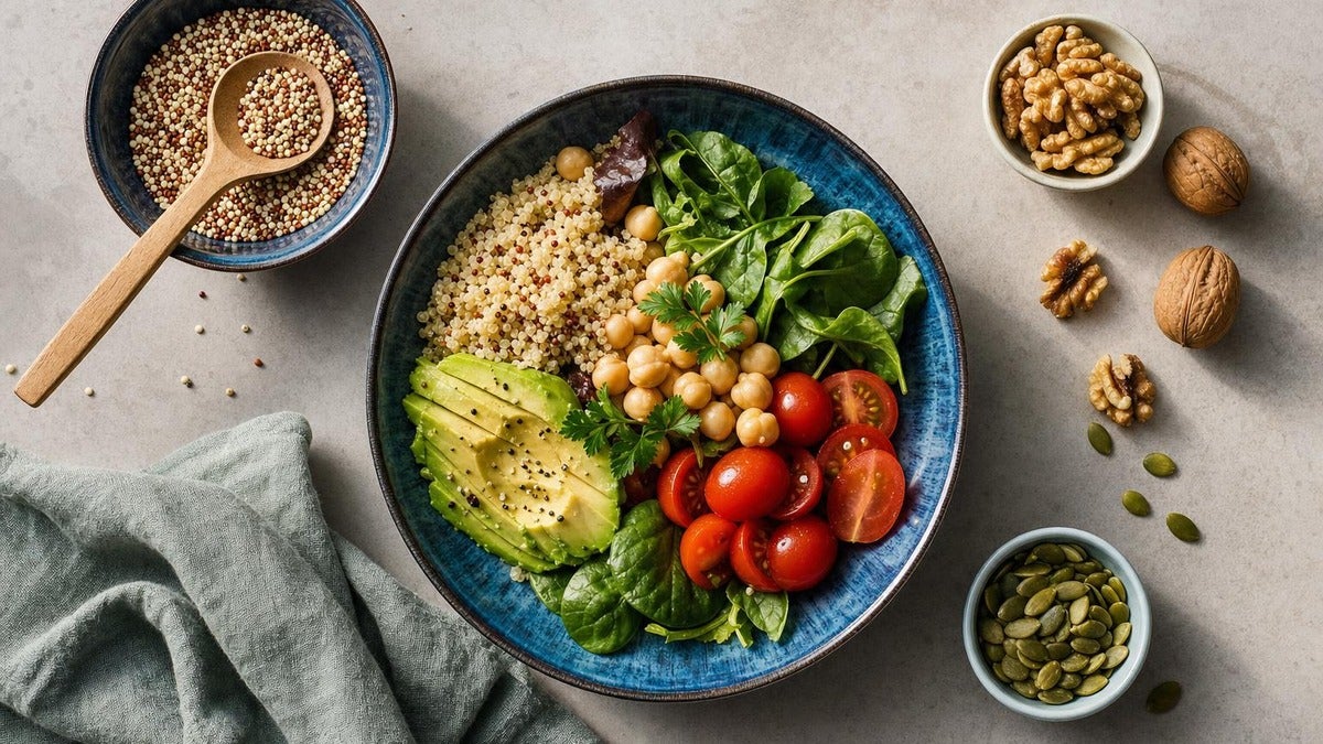 Plato saludable con quinoa, aguacate, garbanzos, espinacas y tomates