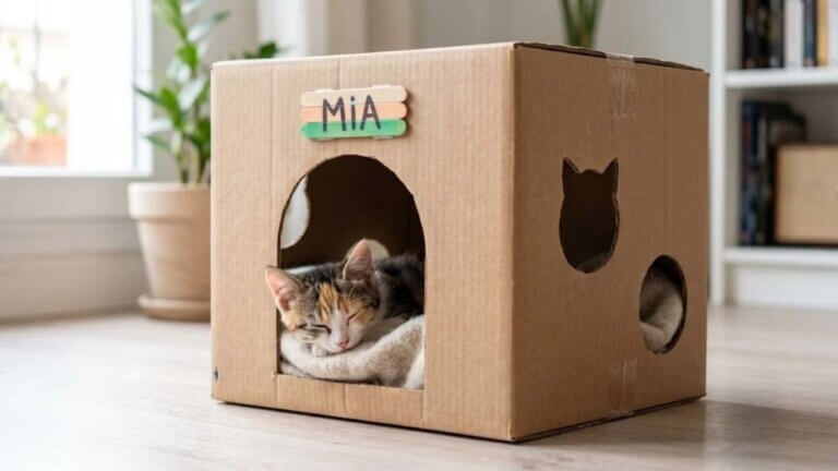 Casita de gatos con caja de cartón