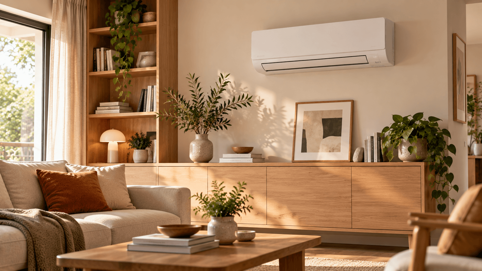 Aire acondicionado split blanco instalado sobre un mueble de madera con estanterías y elementos decorativos en un salón.
