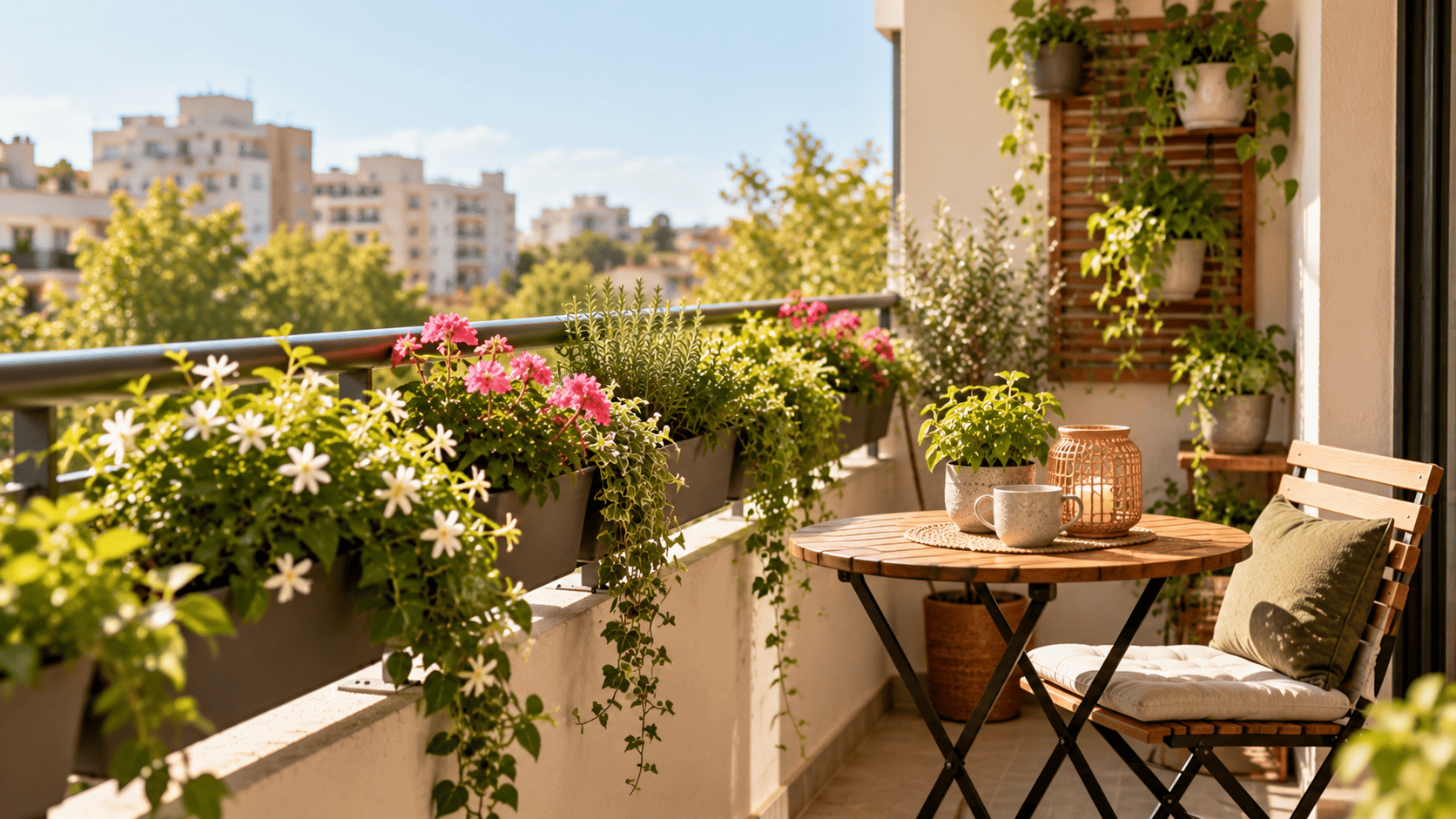 Balcón urbano con jardineras sujetas a la barandilla, flores blancas y rosas, plantas aromáticas y una mesa plegable de madera.