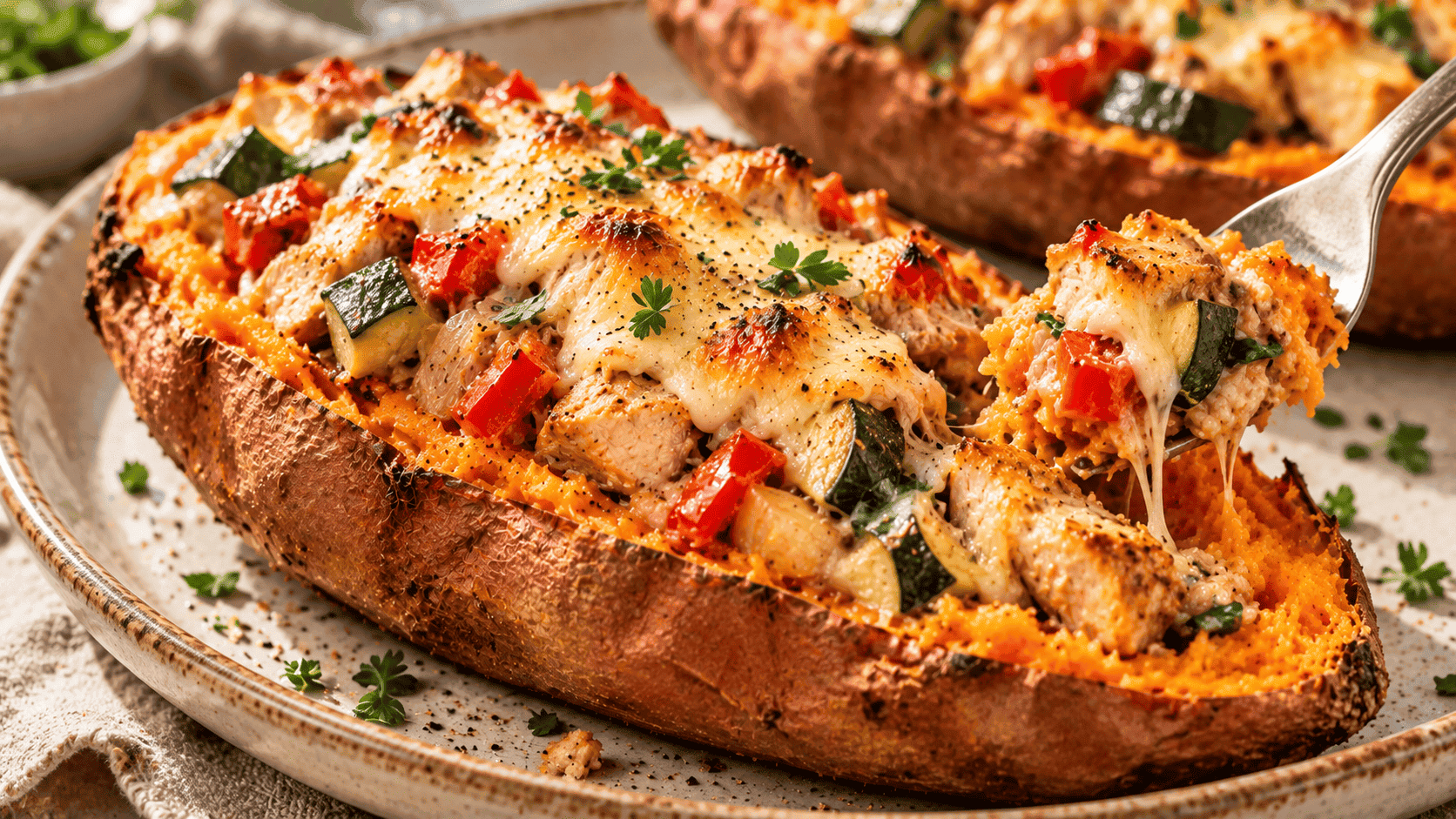 Boniato relleno de pollo, calabacín, pimiento rojo y queso gratinado.