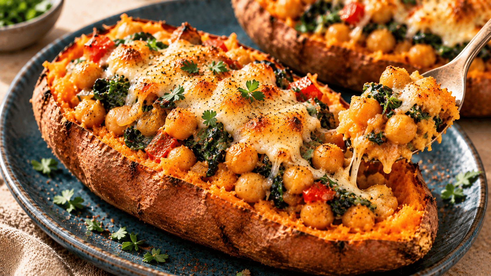 Boniato relleno de garbanzos, verduras, espinacas y queso gratinado.