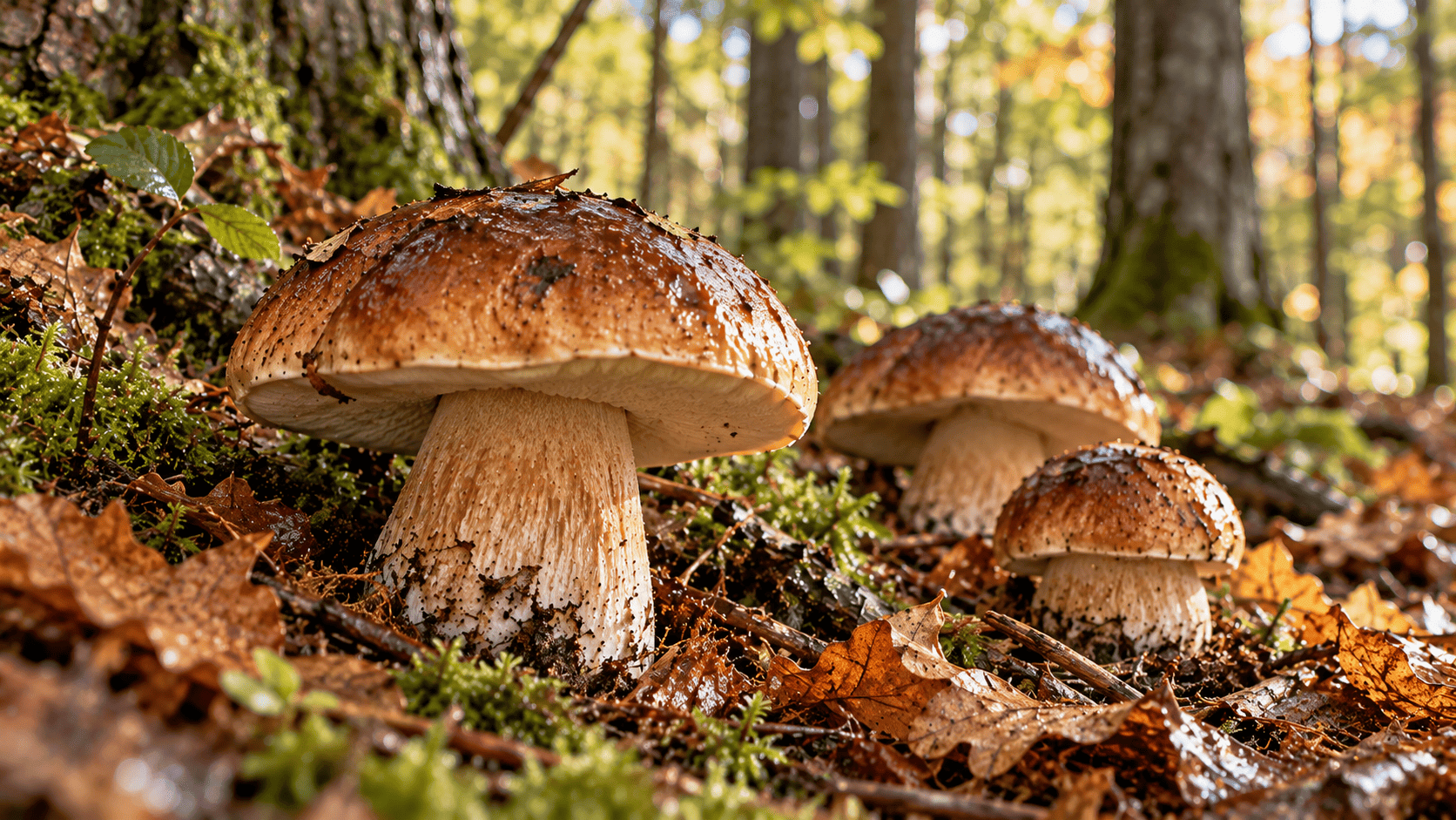 Tres setas que representan boletus, con sombreros marrones y pies gruesos de color claro, creciendo entre musgo y hojas secas en un bosque.
