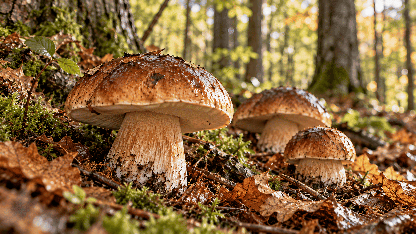 Tres setas que representan boletus, con sombreros marrones y pies gruesos de color claro, creciendo entre musgo y hojas secas en un bosque.