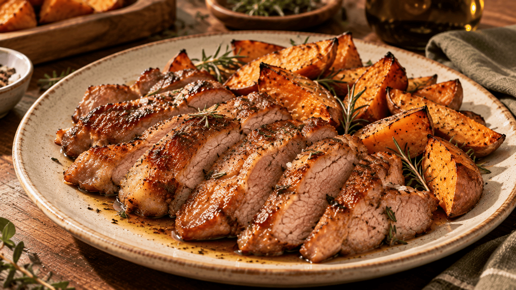 Secreto ibérico asado y cortado en tiras, acompañado de gajos de boniato dorados al horno y ramitas de romero fresco.
