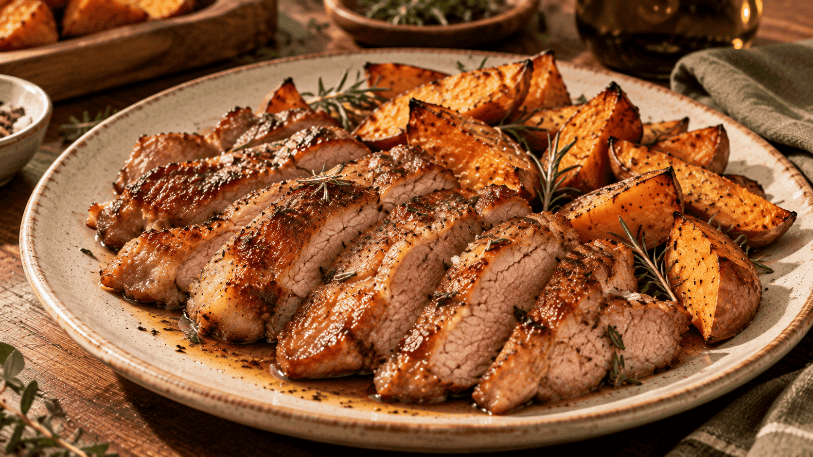 Secreto ibérico asado y cortado en tiras, acompañado de gajos de boniato dorados al horno y ramitas de romero fresco.