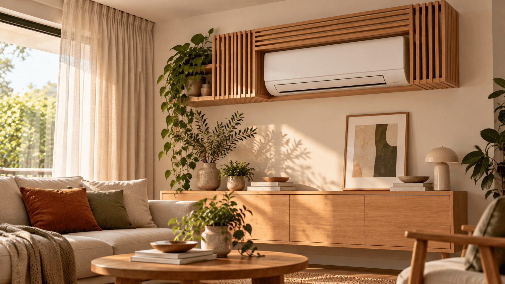 Aire acondicionado split blanco integrado en una estructura decorativa de listones de madera sobre un aparador.