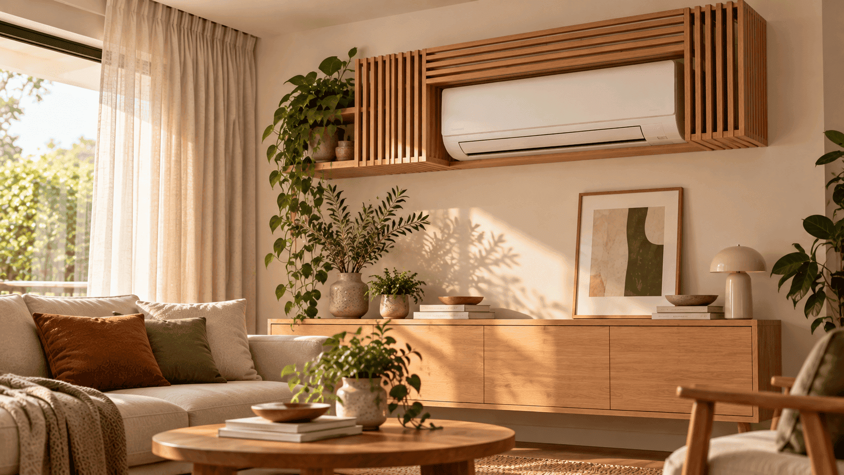 Aire acondicionado split blanco integrado en una estructura decorativa de listones de madera sobre un aparador.