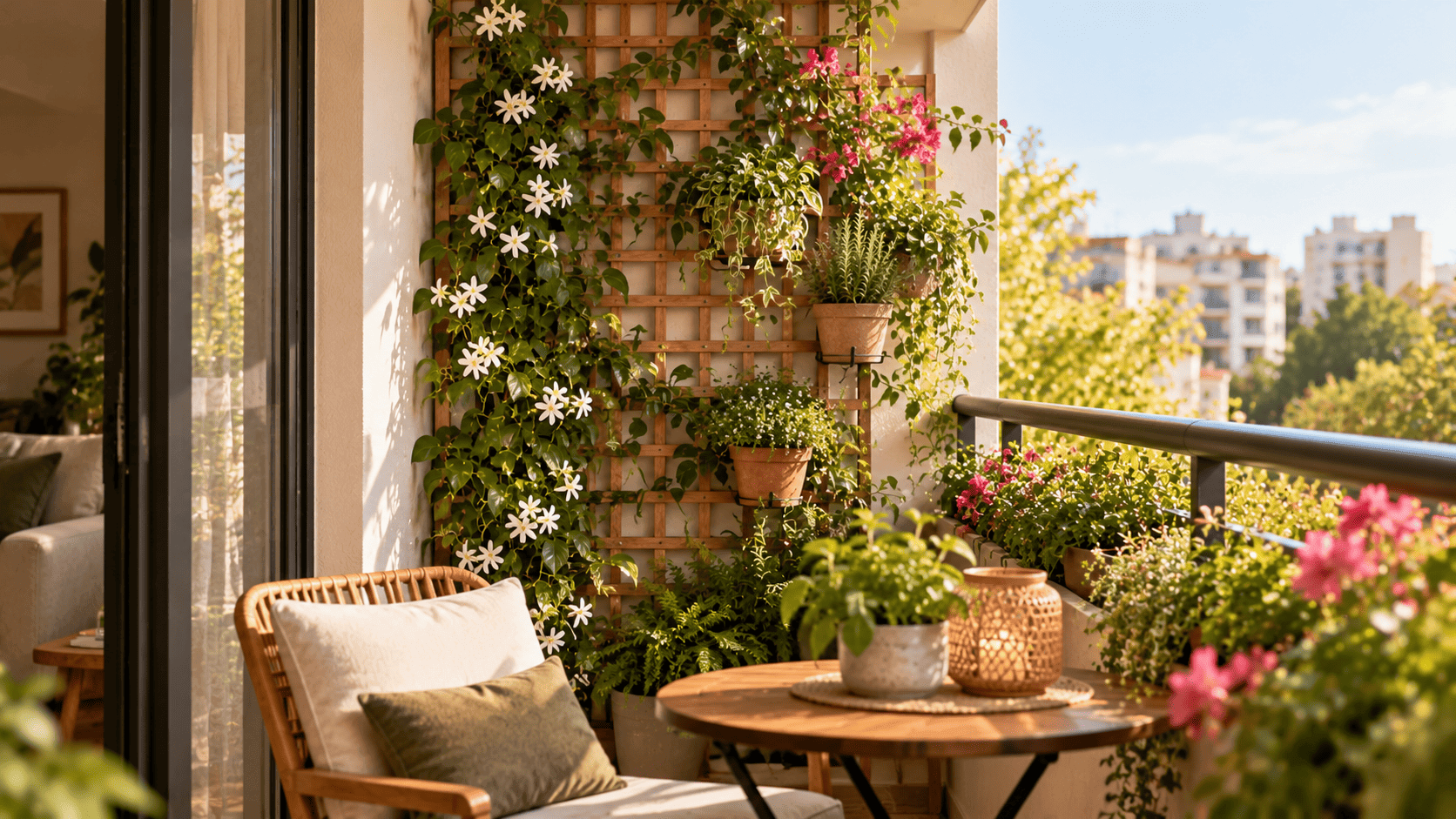 Balcón urbano con celosía de madera cubierta de plantas trepadoras y flores blancas, junto a jardineras y un sillón de ratán.