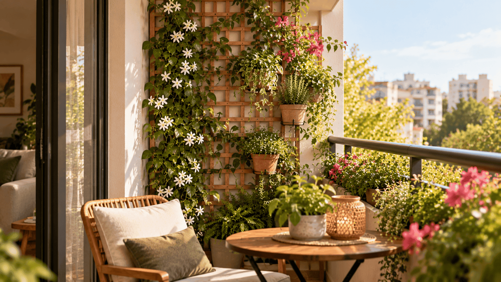 Balcón urbano con celosía de madera cubierta de plantas trepadoras y flores blancas, junto a jardineras y un sillón de ratán.