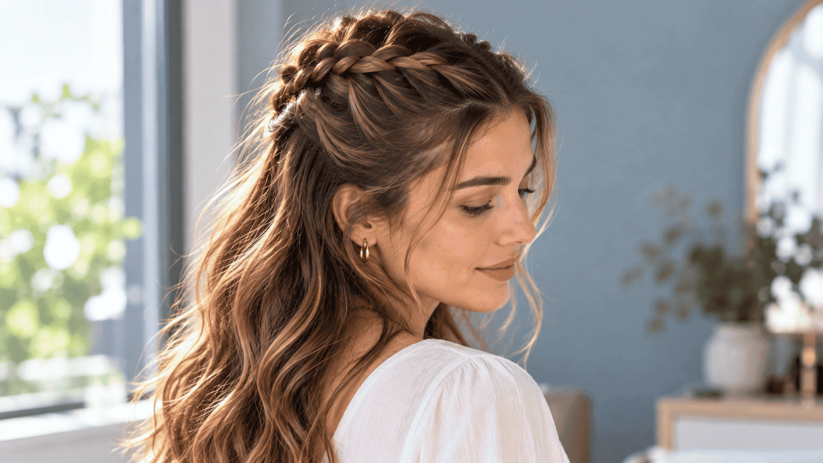 Mujer con corona trenzada semirrecogida sobre la cabeza y cabello largo ondulado suelto.