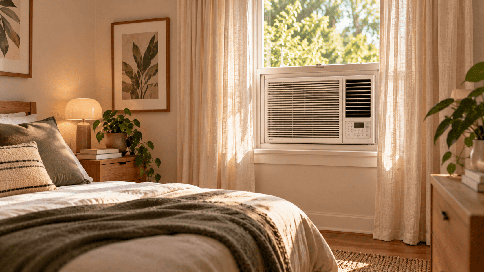 Aire acondicionado de ventana blanco instalado en un dormitorio con cortinas de lino beige a ambos lados.