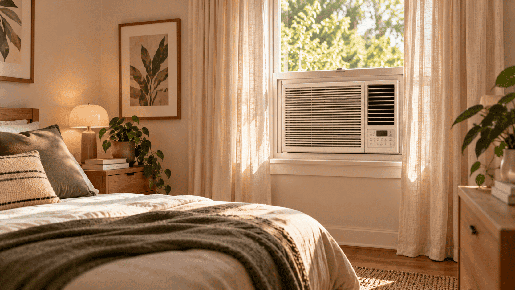 Aire acondicionado de ventana blanco instalado en un dormitorio con cortinas de lino beige a ambos lados.