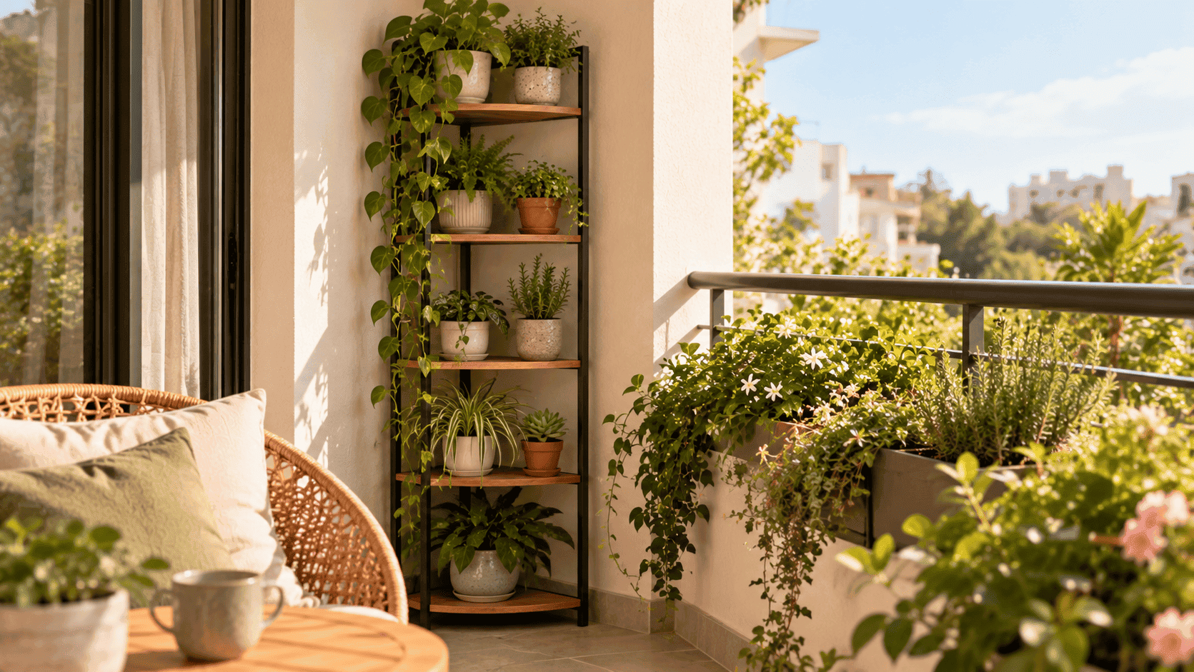 Estantería vertical estrecha de madera y metal con macetas, helechos, plantas aromáticas y especies colgantes en un balcón pequeño.