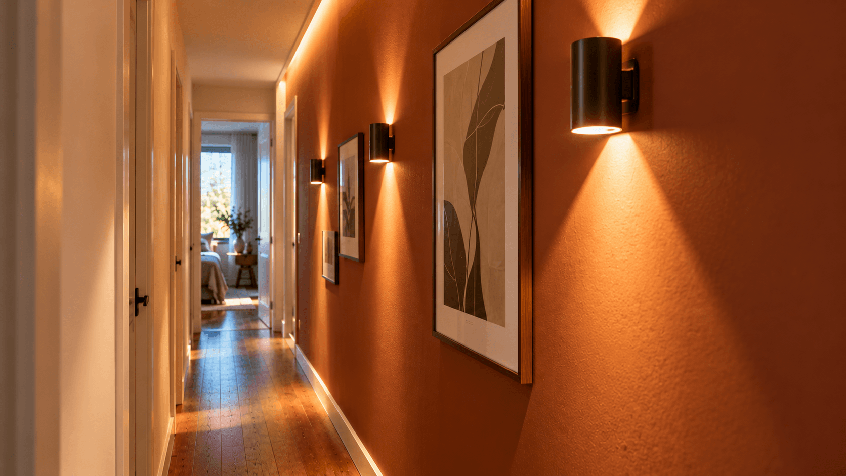 Apliques de pared distribuidos a lo largo de un pasillo estrecho para crear distintos puntos de iluminación.