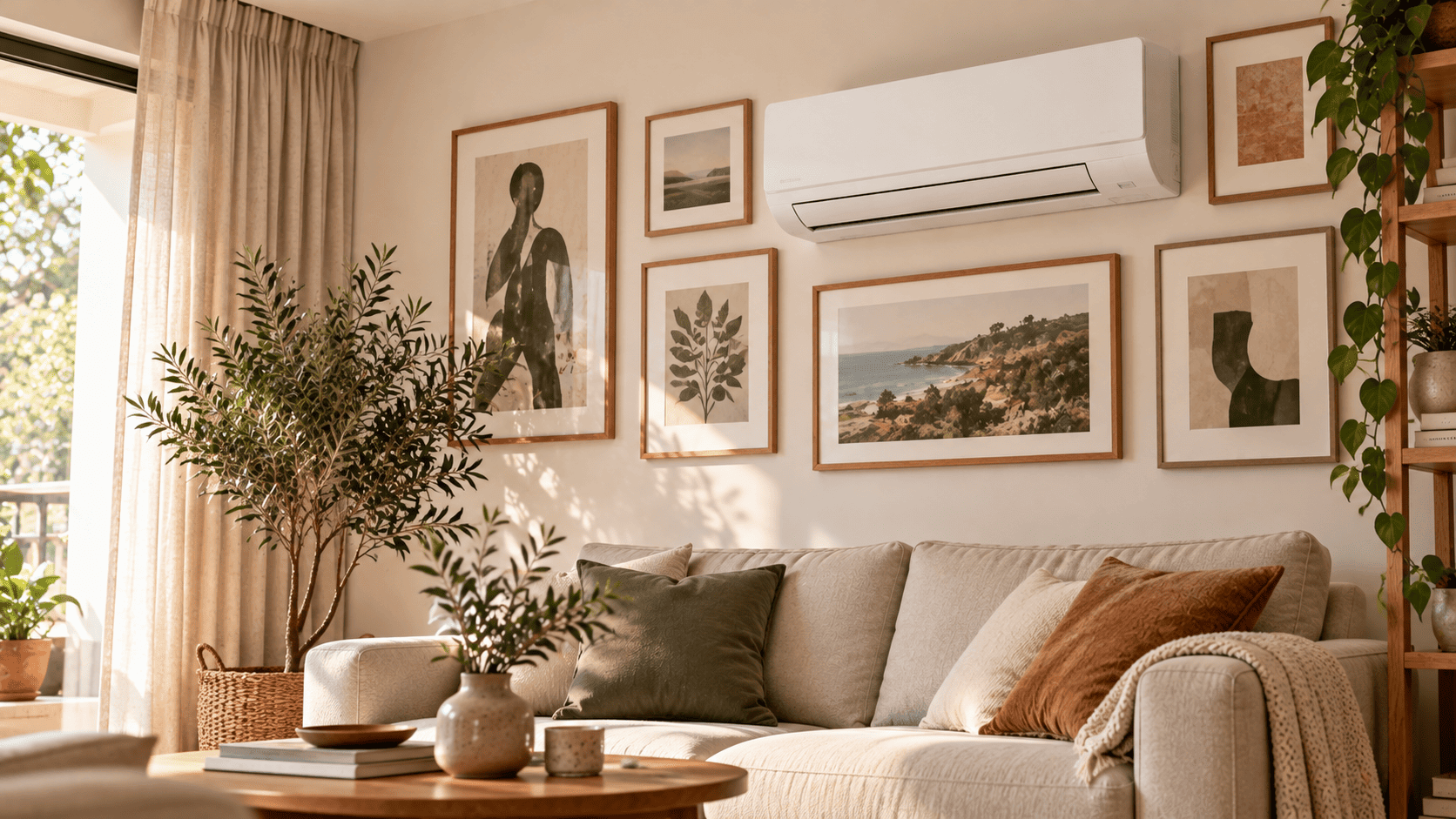 Aire acondicionado split blanco rodeado de cuadros decorativos sobre un sofá beige en un salón contemporáneo.