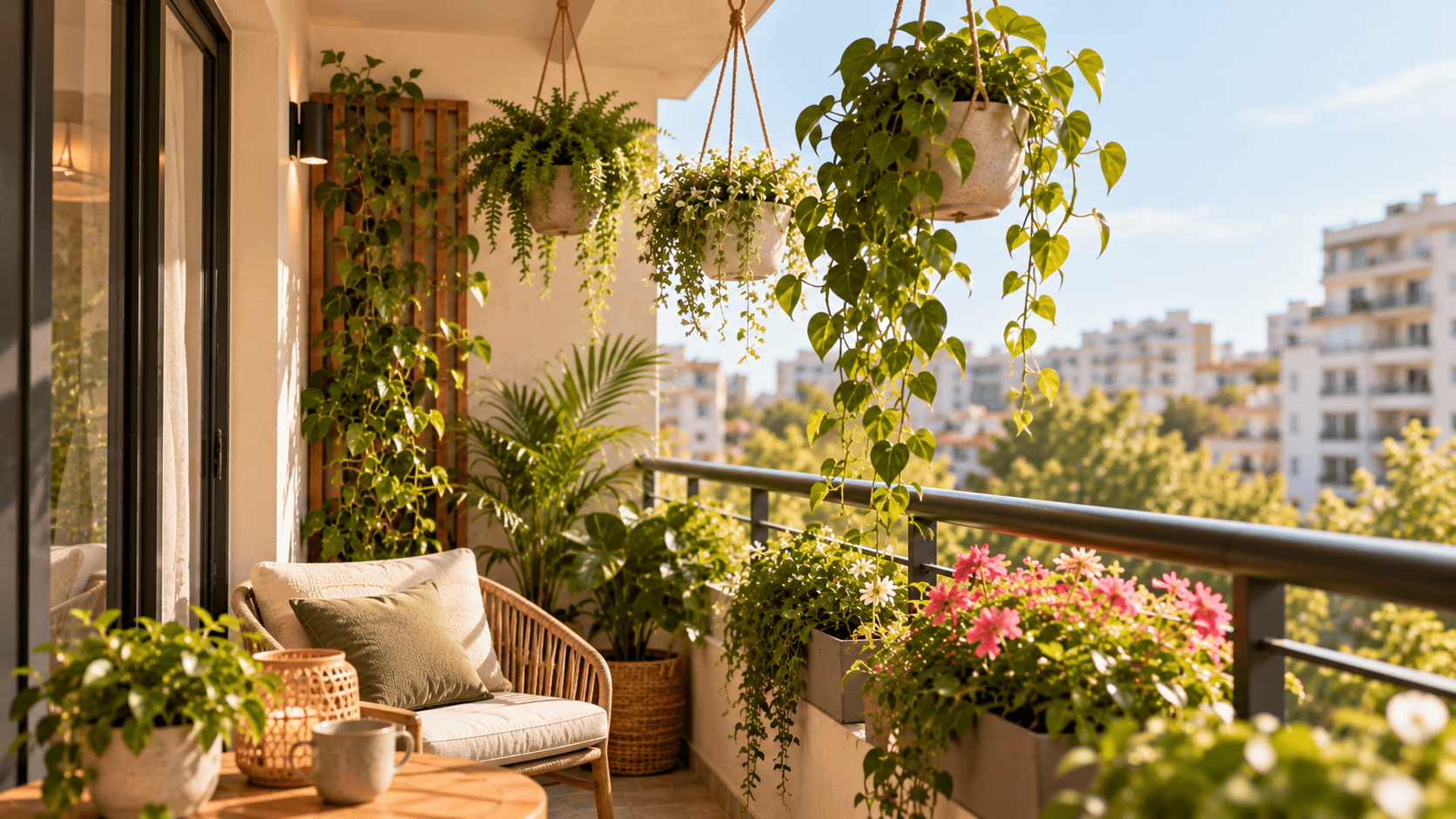 Balcón pequeño decorado con macetas colgantes, helechos, plantas de hojas verdes y flores rosas, junto a un sillón de ratán.