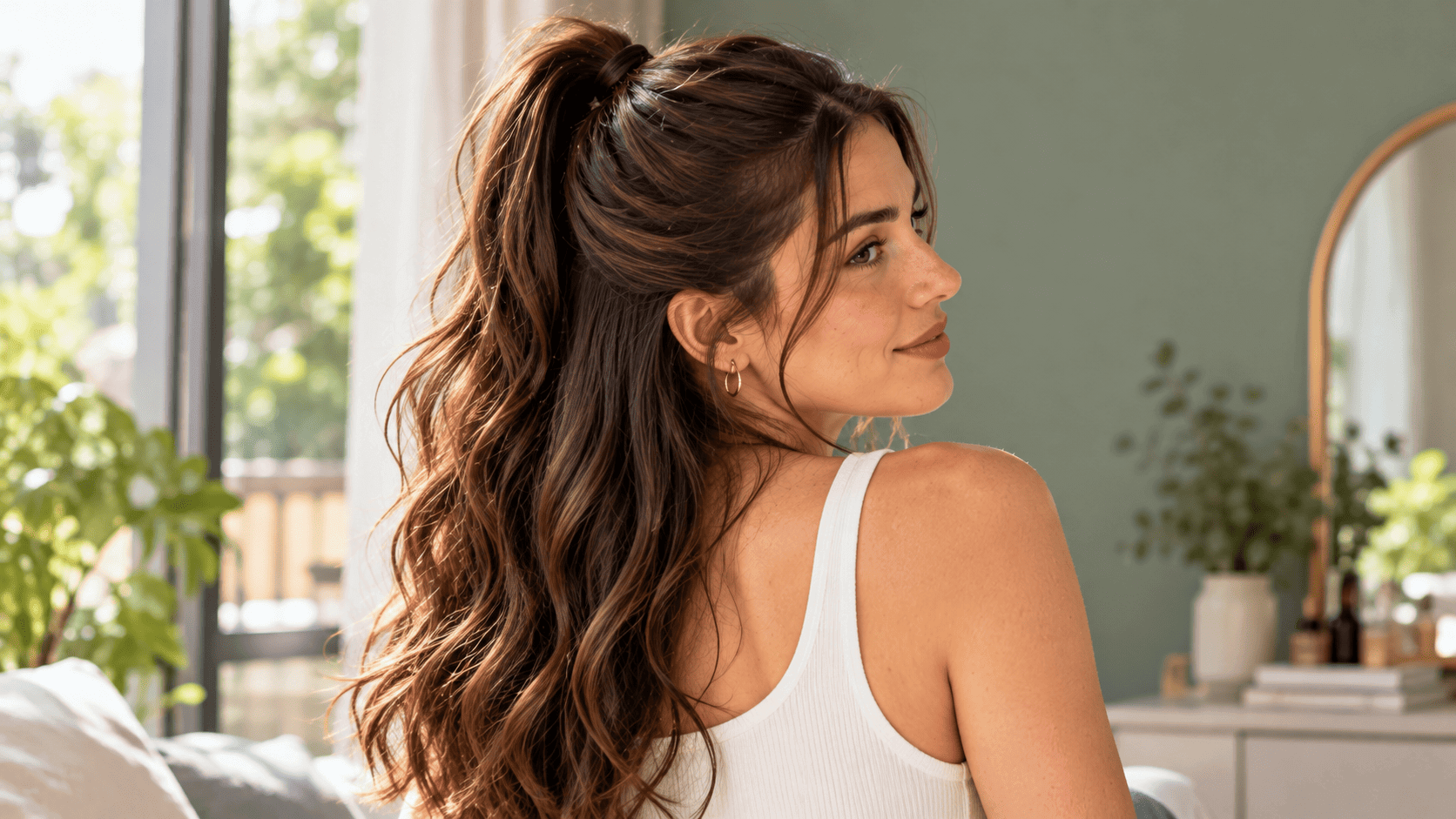 Mujer con media cola alta, cabello castaño ondulado y parte inferior de la melena suelta.