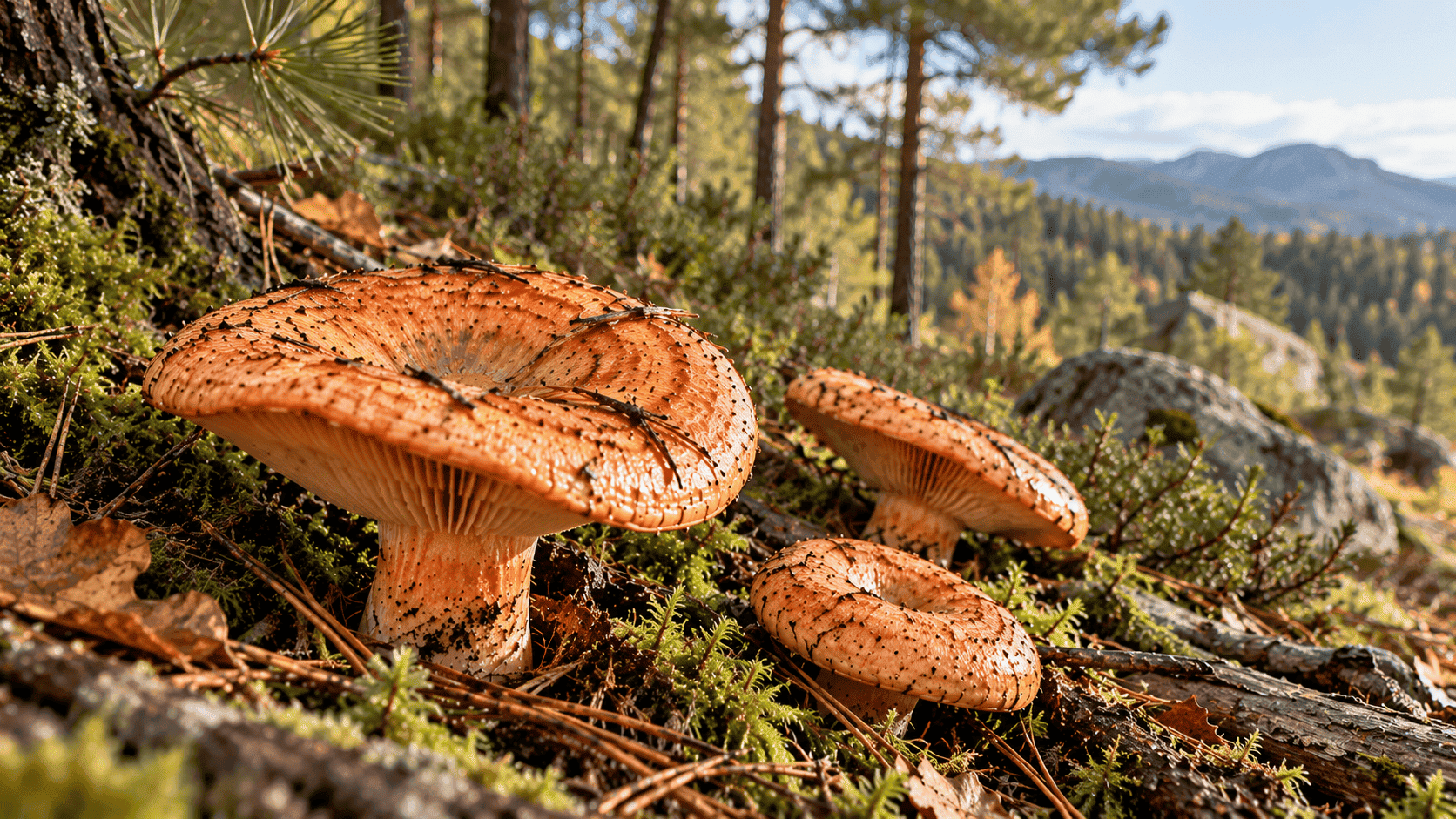Setas de sombrero anaranjado y láminas visibles que representan níscalos, creciendo entre musgo, hojas secas y agujas de pino en un bosque.