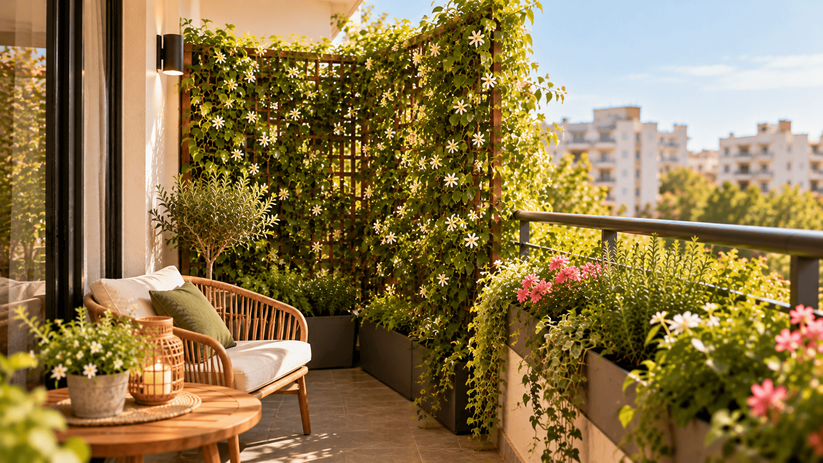 Balcón pequeño con celosía de madera cubierta de plantas trepadoras y flores blancas y rosas, junto a un sillón y una mesa.