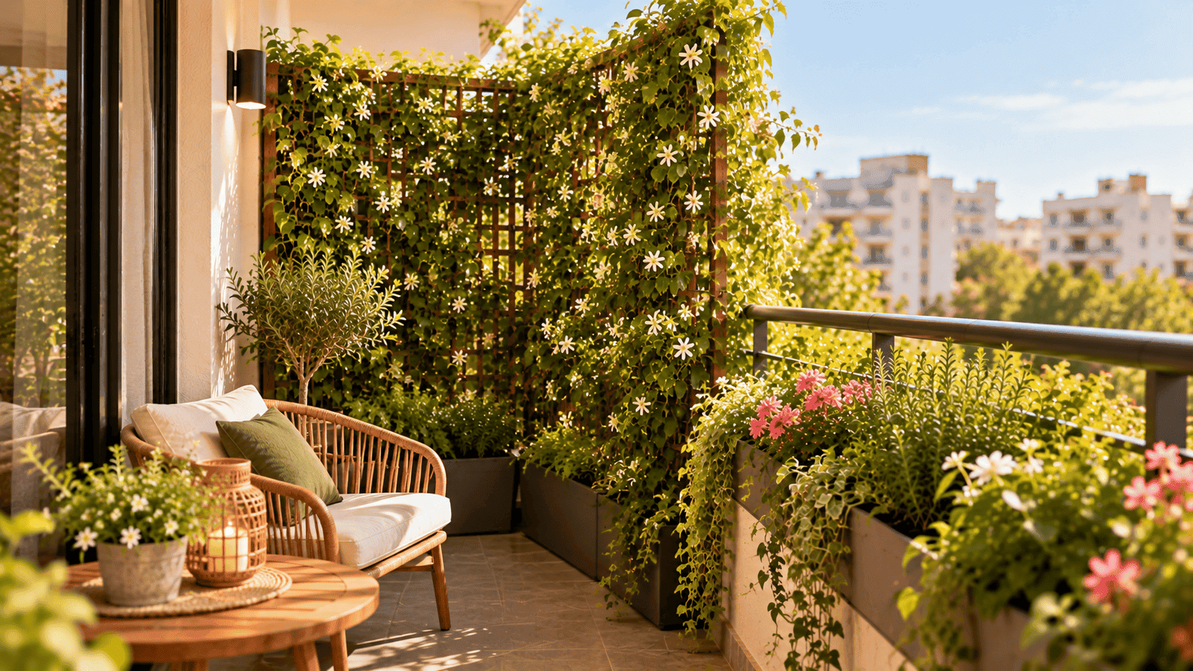 Balcón pequeño con celosía de madera cubierta de plantas trepadoras y flores blancas y rosas, junto a un sillón y una mesa.