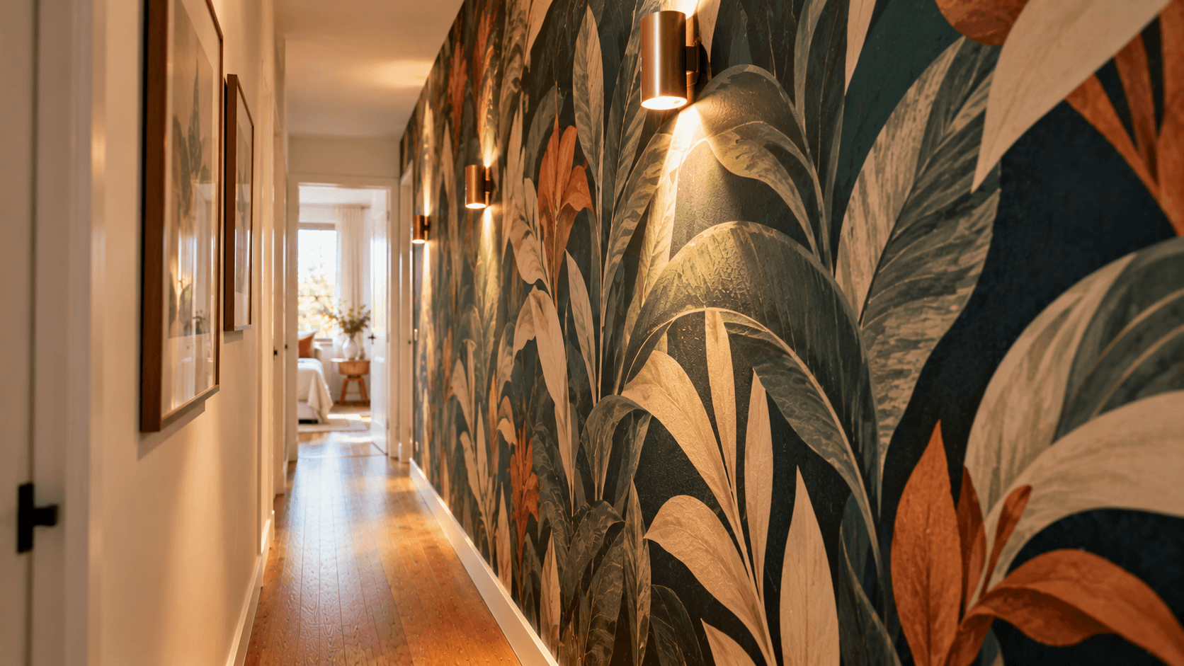 Papel pintado con motivos vegetales en la pared de un pasillo estrecho iluminado con apliques.