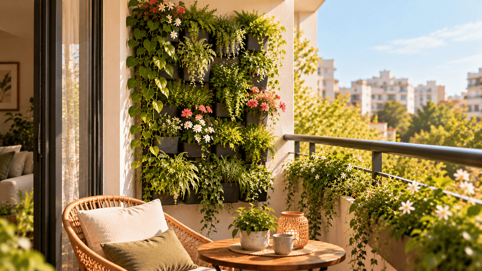 Jardín vertical con paneles modulares negros y plantas de diferentes tamaños, helechos y flores rosas y blancas en un balcón pequeño.