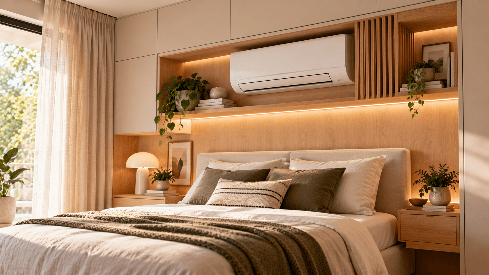 Aire acondicionado split blanco instalado en un nicho de madera sobre una cama, integrado en un dormitorio con mobiliario a medida.