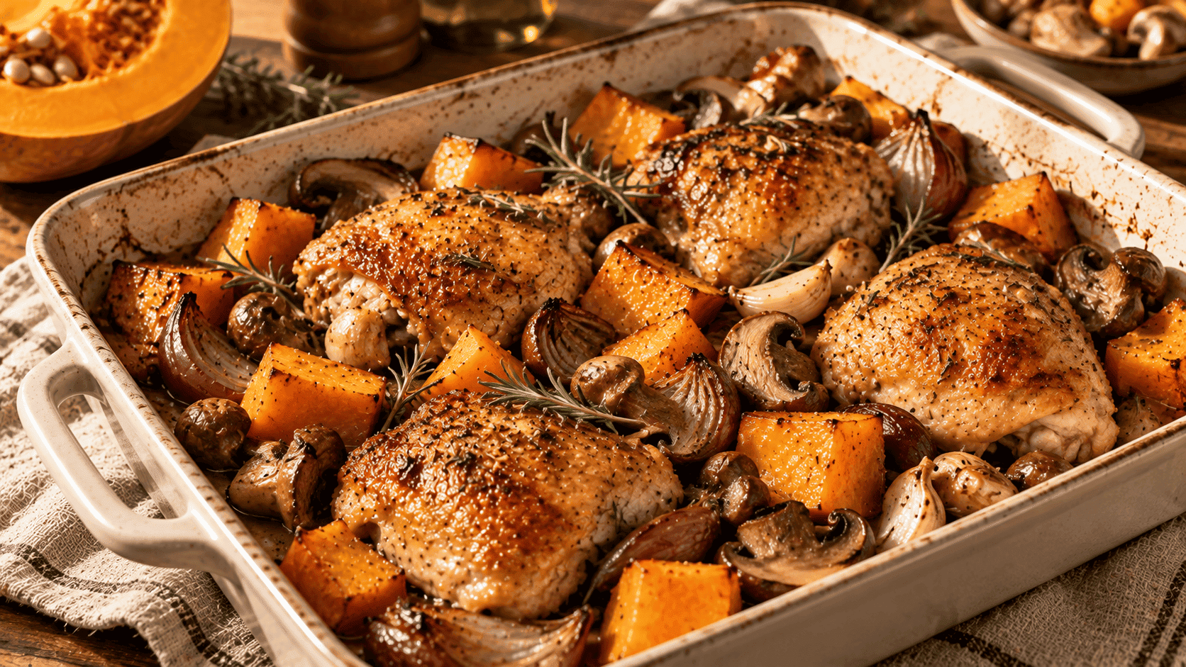 Muslos de pollo asados con calabaza en dados, champiñones, cebolla morada y romero en una fuente de horno.