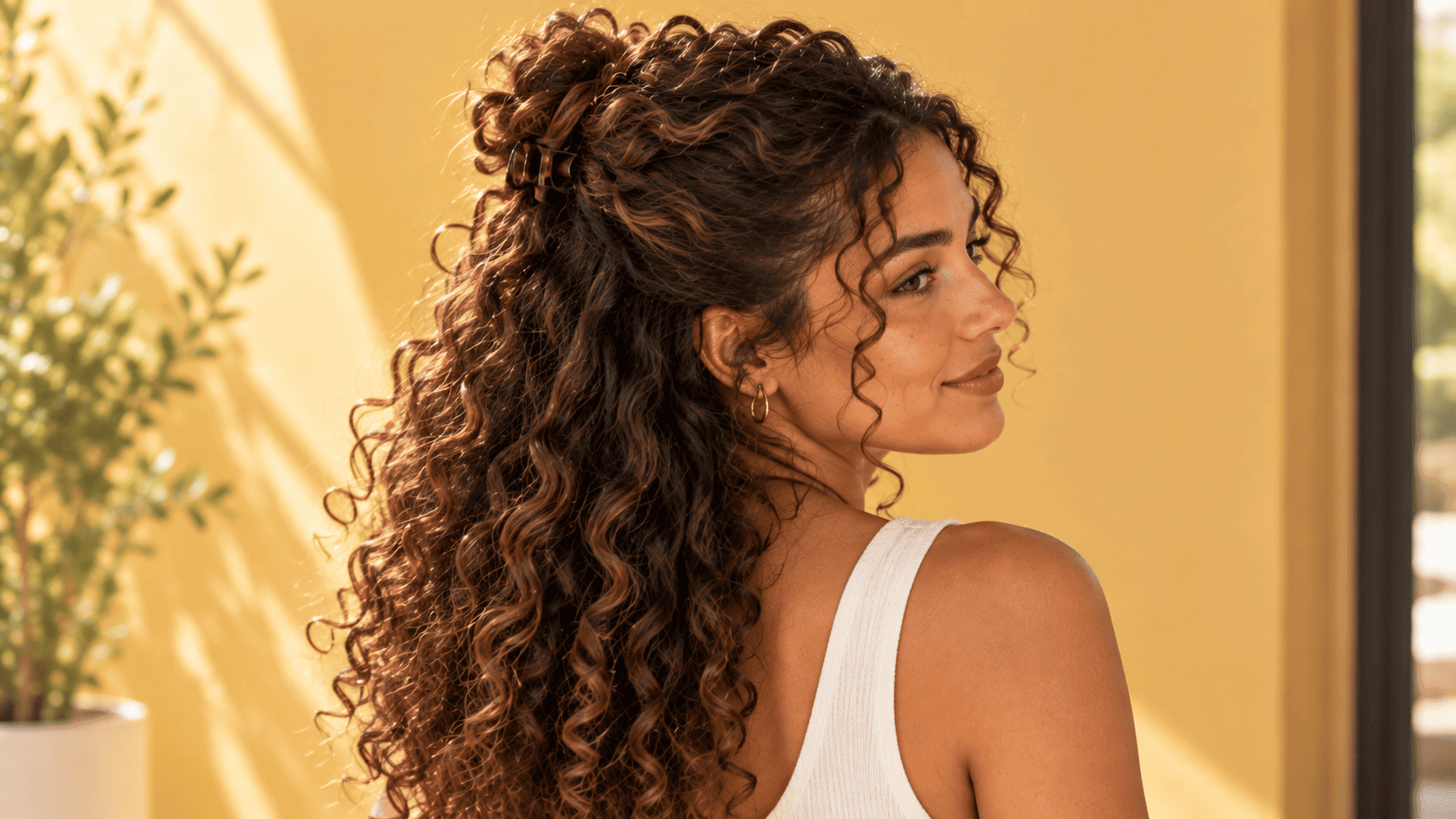 Mujer con cabello rizado castaño en semirrecogido scoop, sujeto con pinza y rizos definidos sueltos.