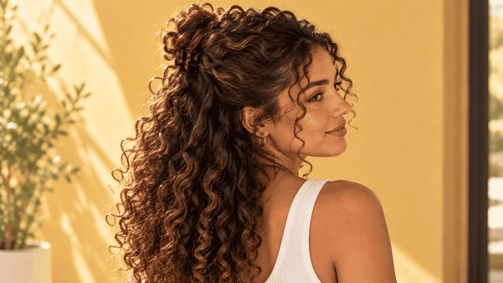Mujer con cabello rizado castaño en semirrecogido scoop, sujeto con pinza y rizos definidos sueltos.