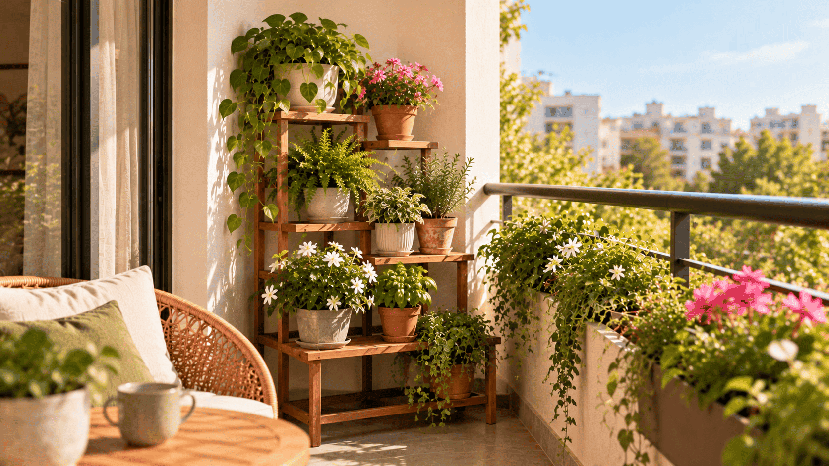 Estantería escalonada de madera con macetas de diferentes alturas, plantas colgantes, helechos y flores en un balcón soleado.