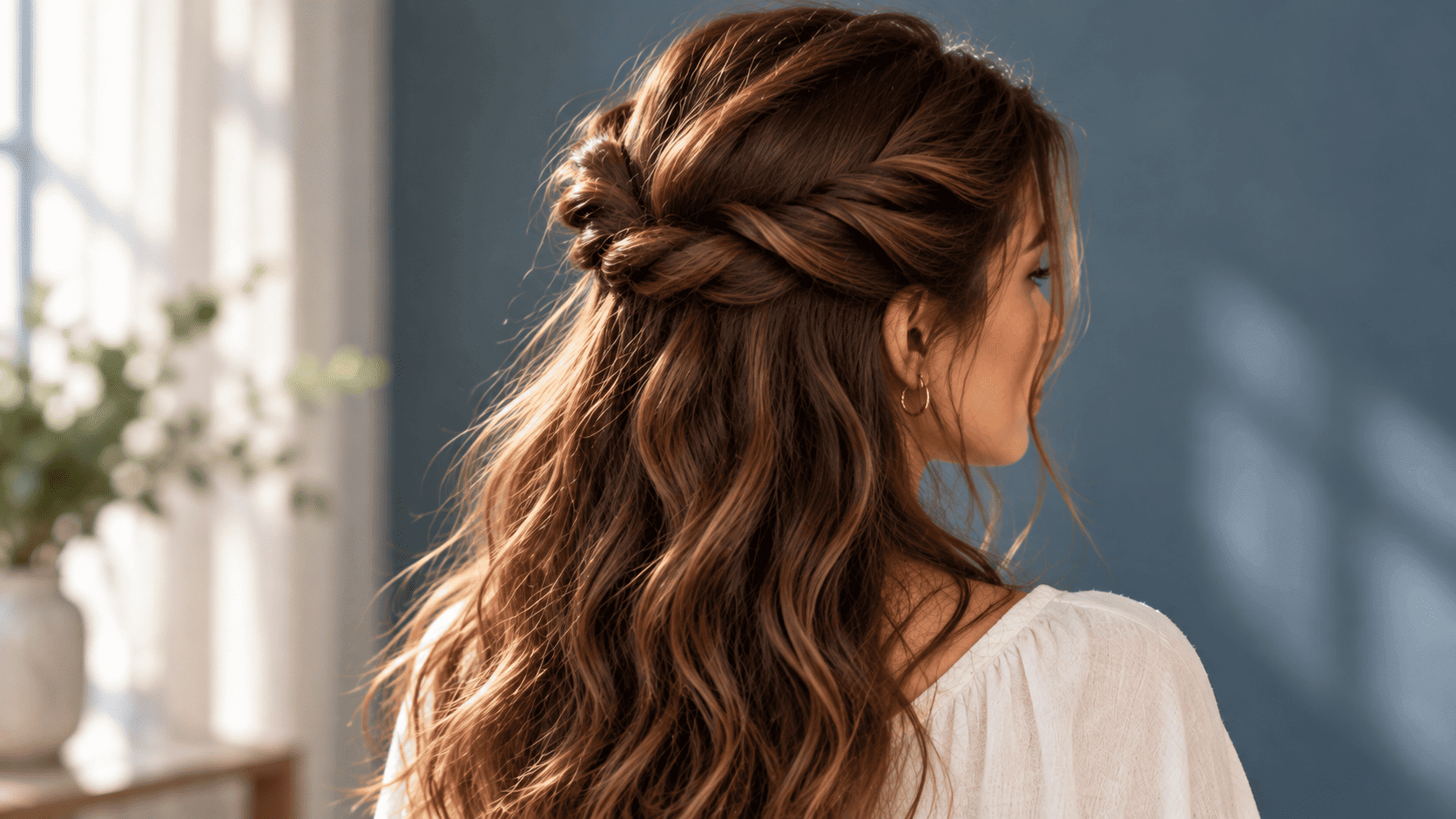 Mujer con peinado twist crown, torsiones amplias alrededor de la coronilla y cabello largo suelto.